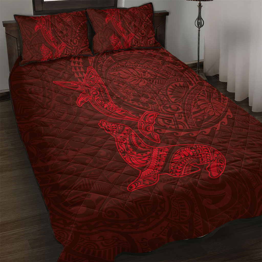 Hawaiian Monk Seal and Whale Quilt Bed Set Kakau Tribal Pattern Red Color