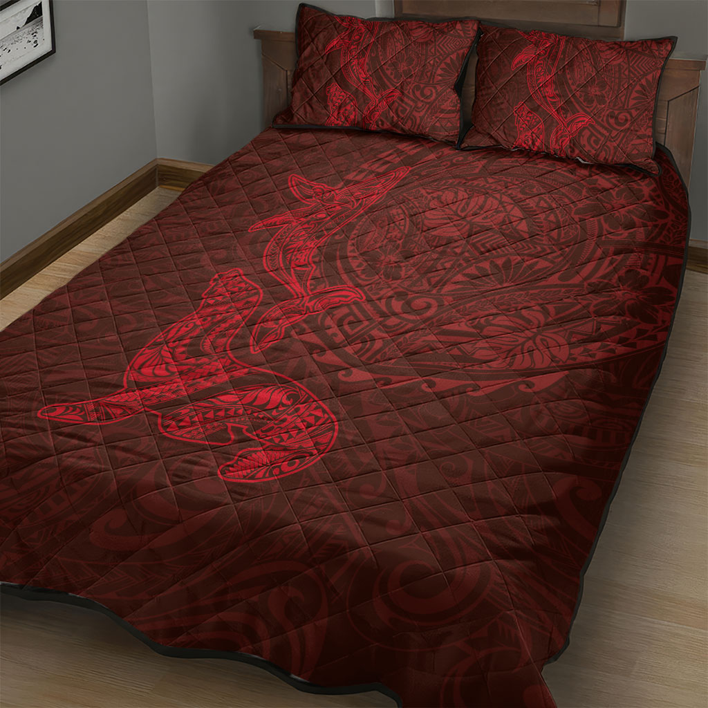 Hawaiian Monk Seal and Whale Quilt Bed Set Kakau Tribal Pattern Red Color