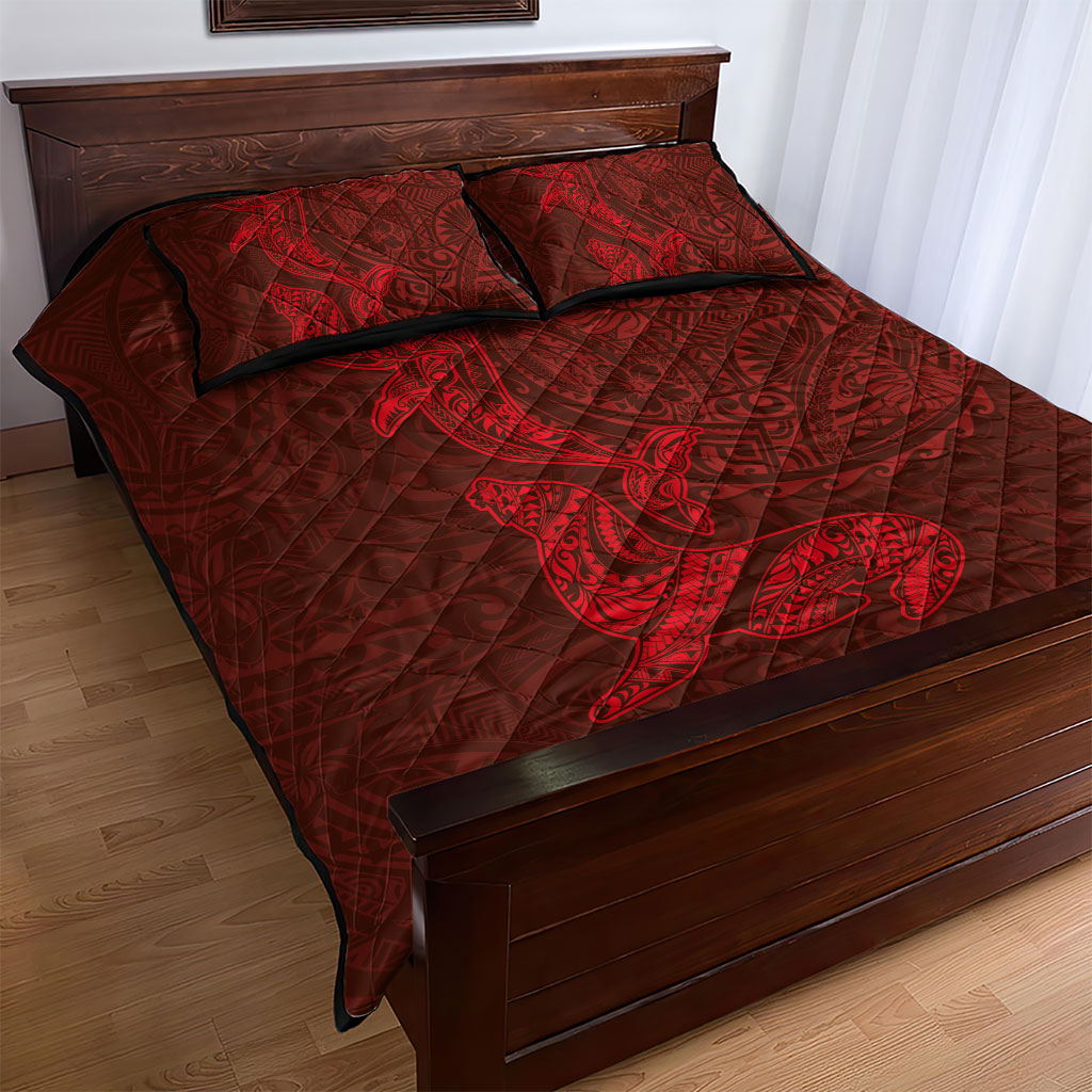 Hawaiian Monk Seal and Whale Quilt Bed Set Kakau Tribal Pattern Red Color