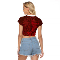 Hawaiian Monk Seal and Whale Raglan Cropped T Shirt Kakau Tribal Pattern Red Color LT03 - Polynesian Pride