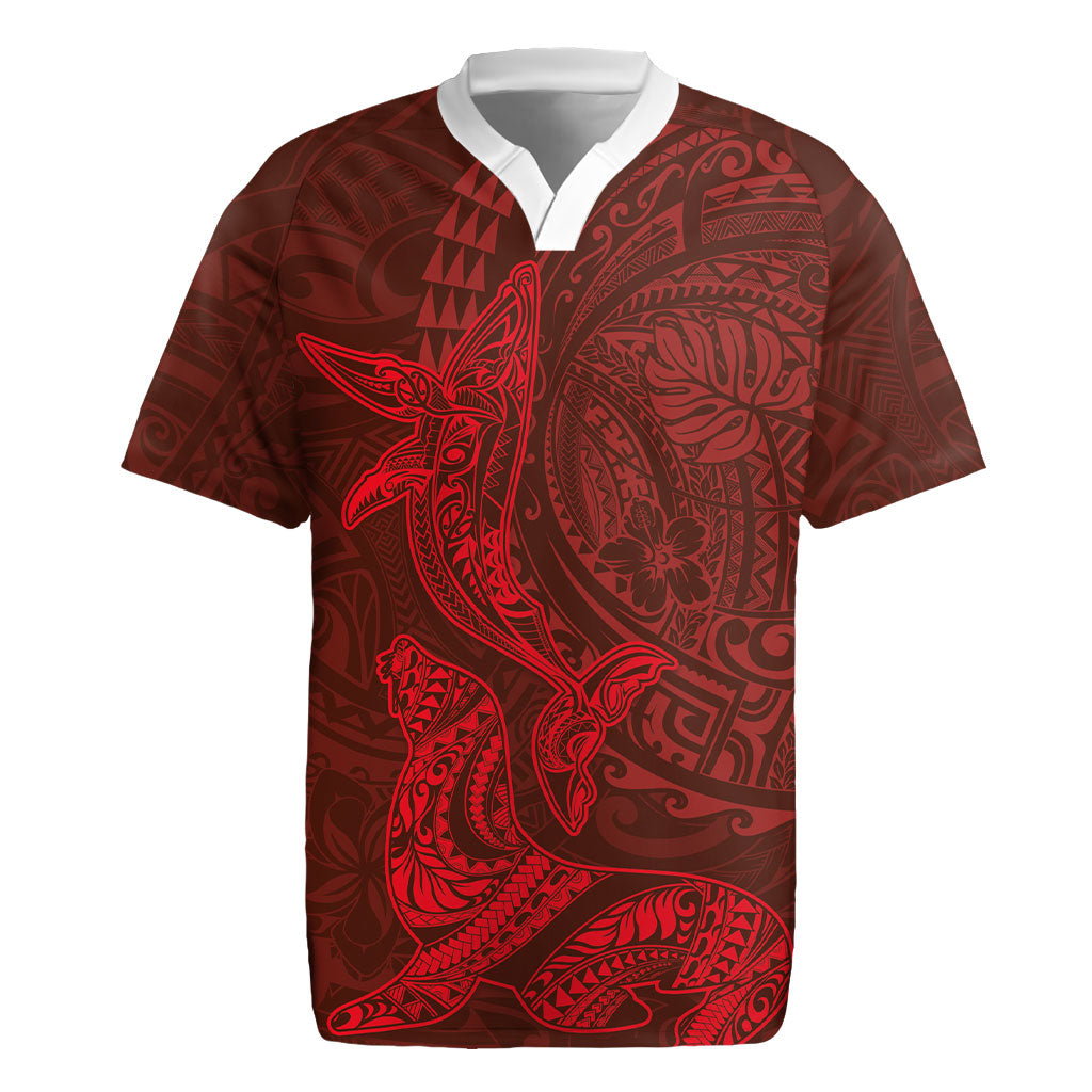 Hawaiian Monk Seal and Whale Rugby Jersey Kakau Tribal Pattern Red Color LT03 Red - Polynesian Pride