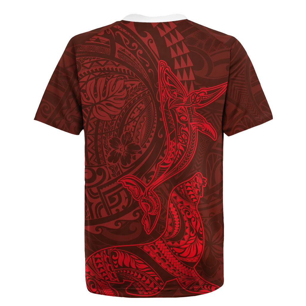 Hawaiian Monk Seal and Whale Rugby Jersey Kakau Tribal Pattern Red Color LT03 - Polynesian Pride