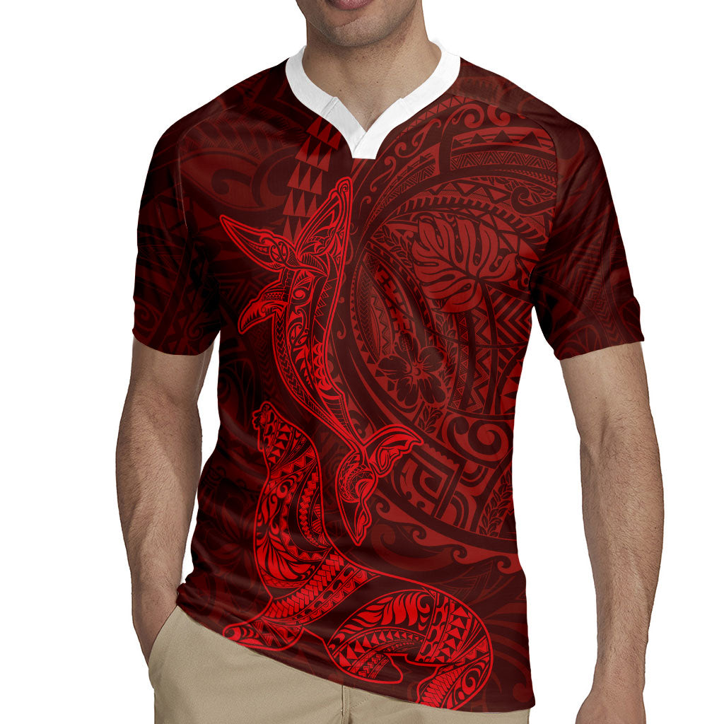 Hawaiian Monk Seal and Whale Rugby Jersey Kakau Tribal Pattern Red Color LT03 - Polynesian Pride