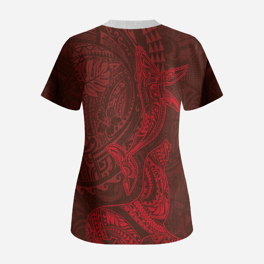 Hawaiian Monk Seal and Whale Scrub Top Kakau Tribal Pattern Red Color LT03 - Polynesian Pride