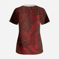 Hawaiian Monk Seal and Whale Scrub Top Kakau Tribal Pattern Red Color LT03 - Polynesian Pride