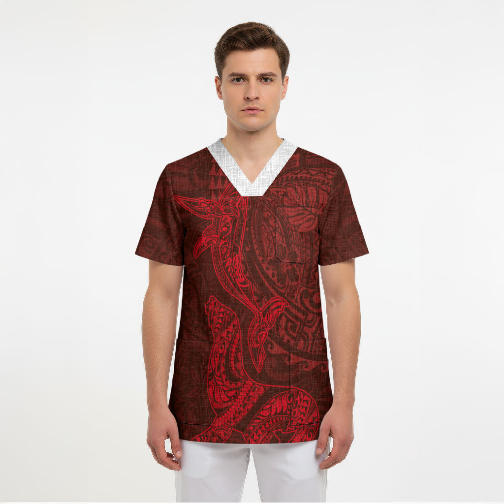 Hawaiian Monk Seal and Whale Scrub Top Kakau Tribal Pattern Red Color LT03 - Polynesian Pride