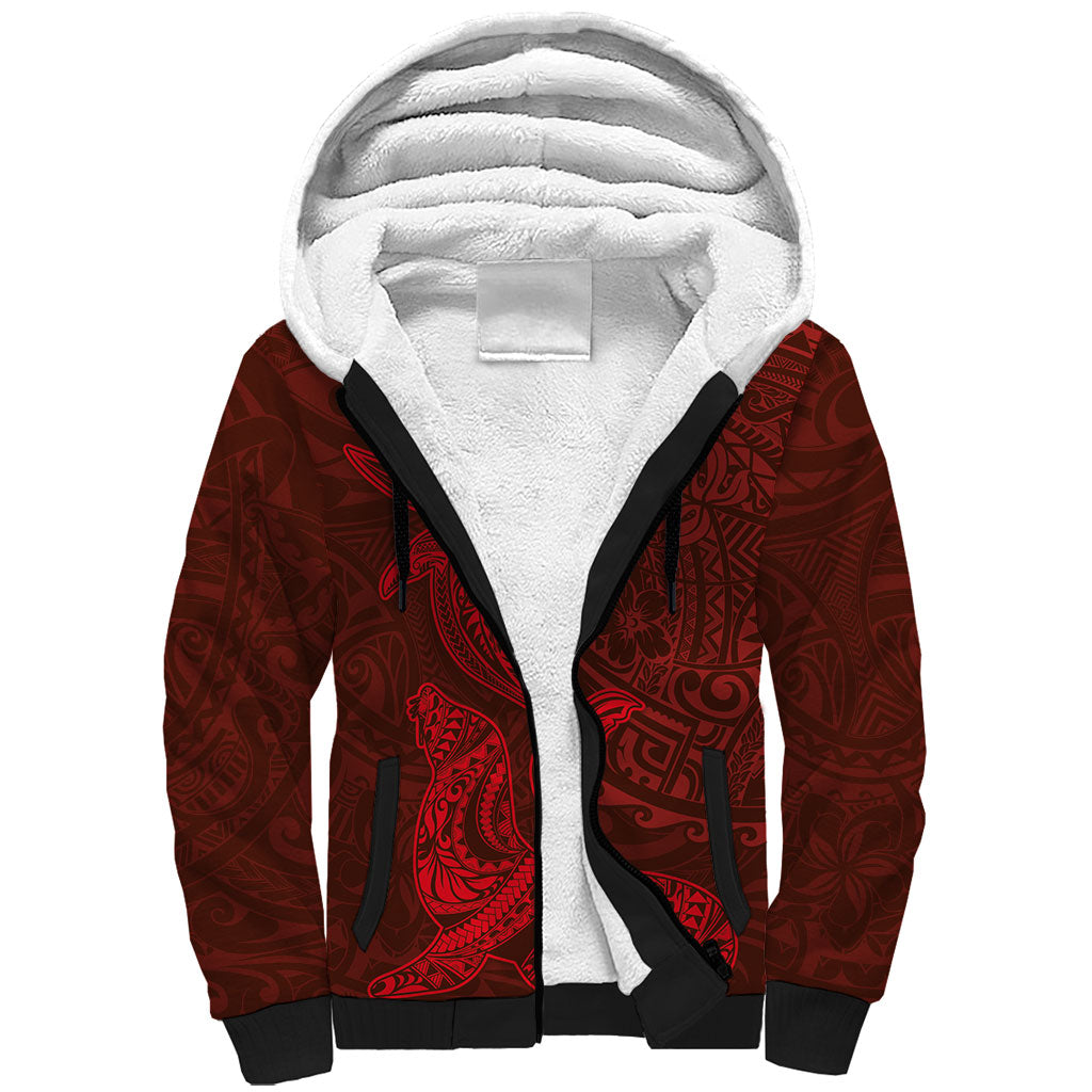 Hawaiian Monk Seal and Whale Sherpa Hoodie Kakau Tribal Pattern Red Color