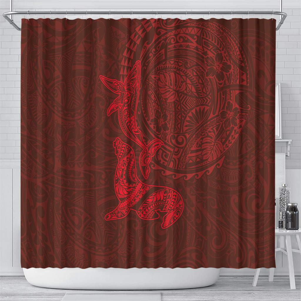 Hawaiian Monk Seal and Whale Shower Curtain Kakau Tribal Pattern Red Color LT03 - Polynesian Pride