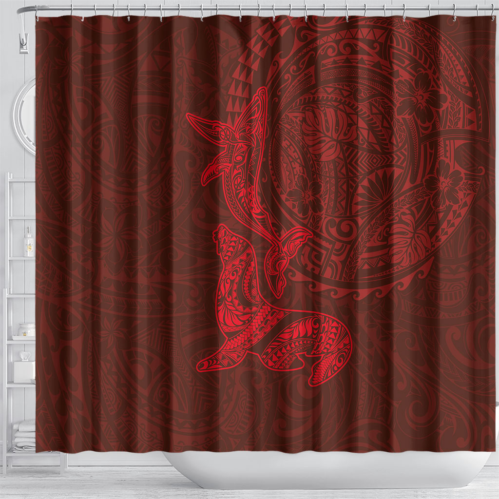 Hawaiian Monk Seal and Whale Shower Curtain Kakau Tribal Pattern Red Color LT03 - Polynesian Pride