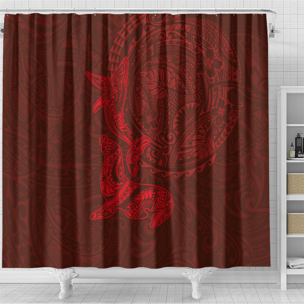 Hawaiian Monk Seal and Whale Shower Curtain Kakau Tribal Pattern Red Color LT03 - Polynesian Pride