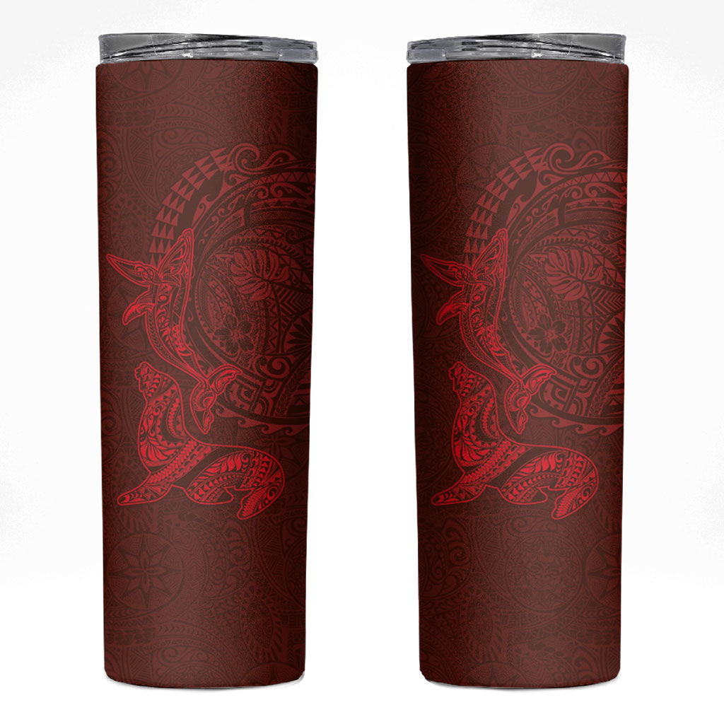 Hawaiian Monk Seal and Whale Skinny Tumbler Kakau Tribal Pattern Red Color