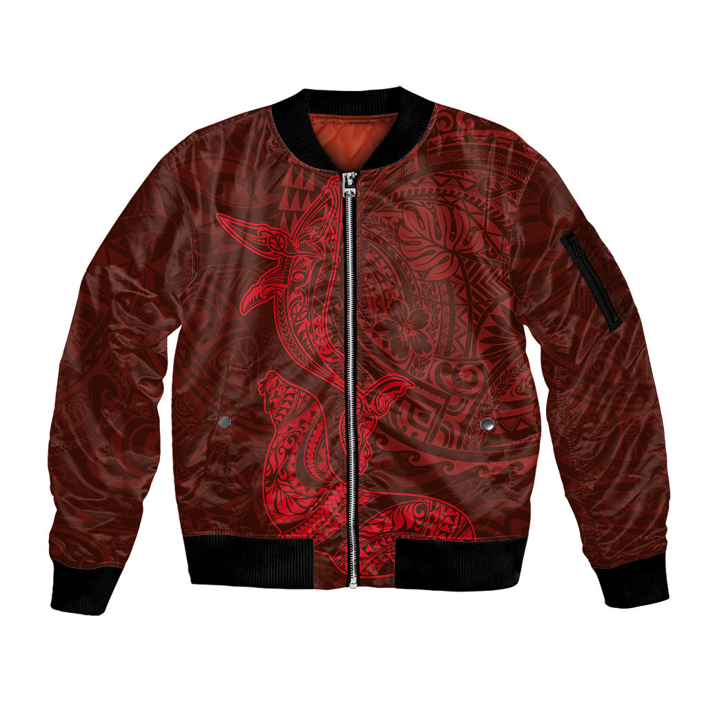 Hawaiian Monk Seal and Whale Sleeve Zip Bomber Jacket Kakau Tribal Pattern Red Color LT03 Unisex Red - Polynesian Pride