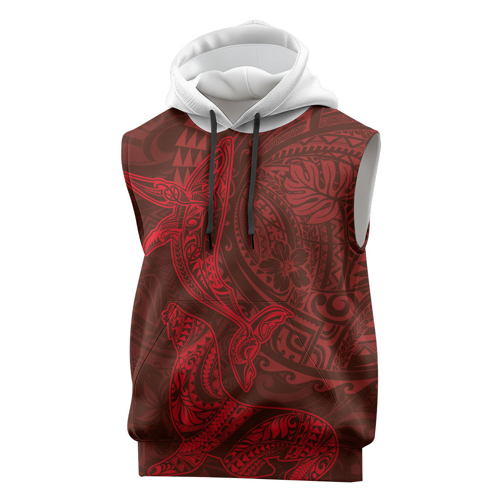 Hawaiian Monk Seal and Whale Sleeveless Hoodie Kakau Tribal Pattern Red Color LT03 Red - Polynesian Pride