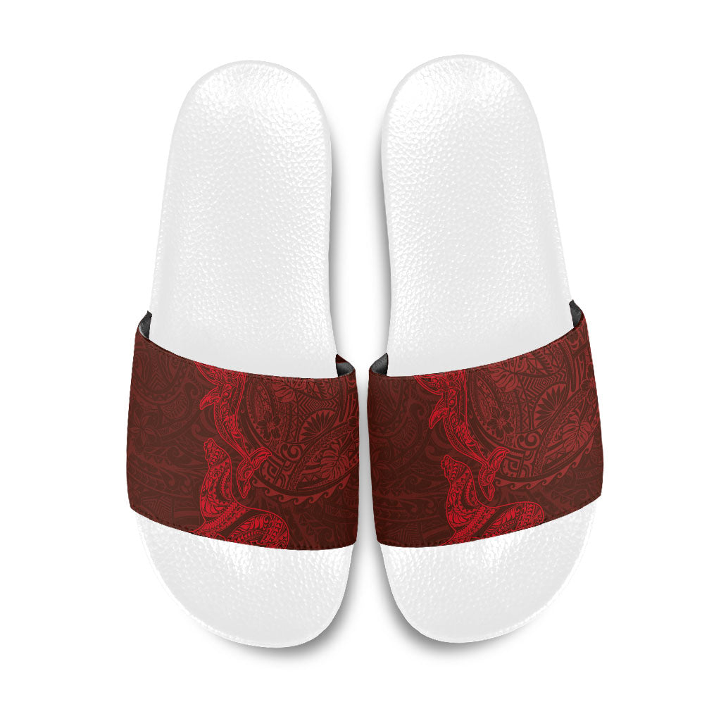 Hawaiian Monk Seal and Whale Slide Sandals Kakau Tribal Pattern Red Color