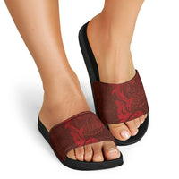 Hawaiian Monk Seal and Whale Slide Sandals Kakau Tribal Pattern Red Color