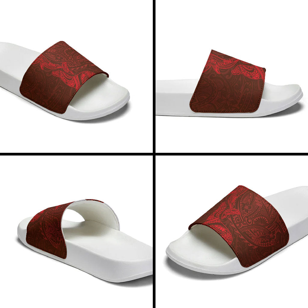 Hawaiian Monk Seal and Whale Slide Sandals Kakau Tribal Pattern Red Color