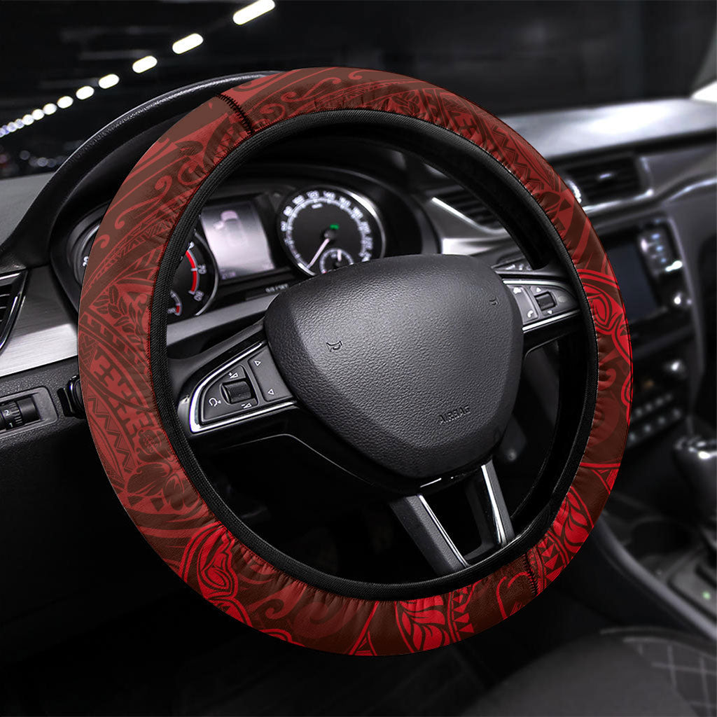 Hawaiian Monk Seal and Whale Steering Wheel Cover Kakau Tribal Pattern Red Color LT03 Universal Fit Red - Polynesian Pride
