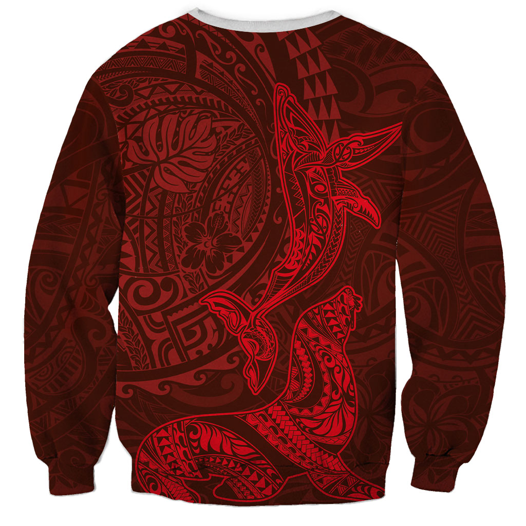 Hawaiian Monk Seal and Whale Sweatshirt Kakau Tribal Pattern Red Color LT03 - Polynesian Pride