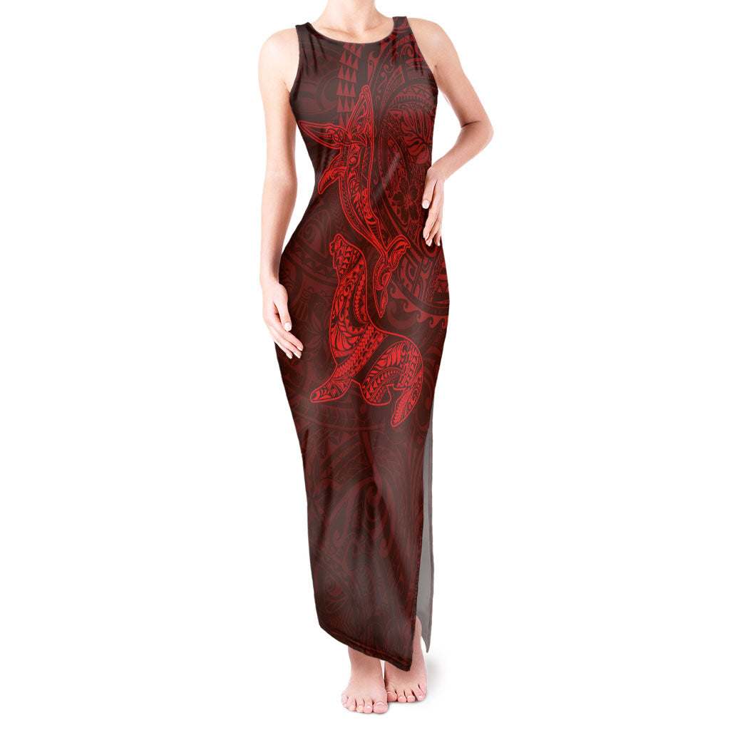 Hawaiian Monk Seal and Whale Tank Maxi Dress Kakau Tribal Pattern Red Color LT03 Women Red - Polynesian Pride