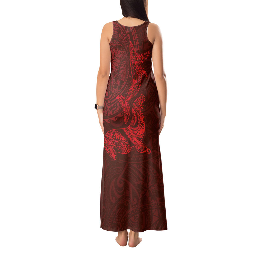 Hawaiian Monk Seal and Whale Tank Maxi Dress Kakau Tribal Pattern Red Color LT03 - Polynesian Pride