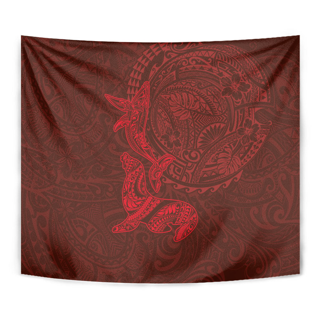Hawaiian Monk Seal and Whale Tapestry Kakau Tribal Pattern Red Color LT03 - Polynesian Pride
