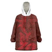 Hawaiian Monk Seal and Whale Wearable Blanket Hoodie Kakau Tribal Pattern Red Color