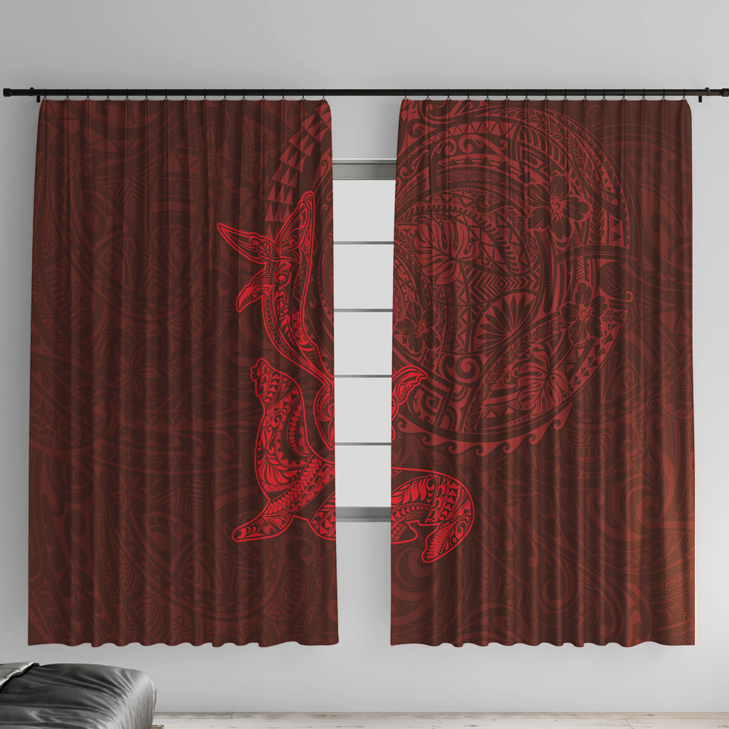 Hawaiian Monk Seal and Whale Window Curtain Kakau Tribal Pattern Red Color LT03 With Hooks Red - Polynesian Pride