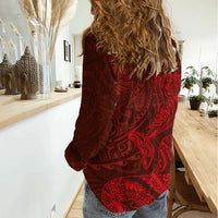 Hawaiian Monk Seal and Whale Women Casual Shirt Kakau Tribal Pattern Red Color LT03 - Polynesian Pride