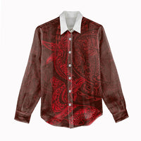 Hawaiian Monk Seal and Whale Women Casual Shirt Kakau Tribal Pattern Red Color LT03 - Polynesian Pride