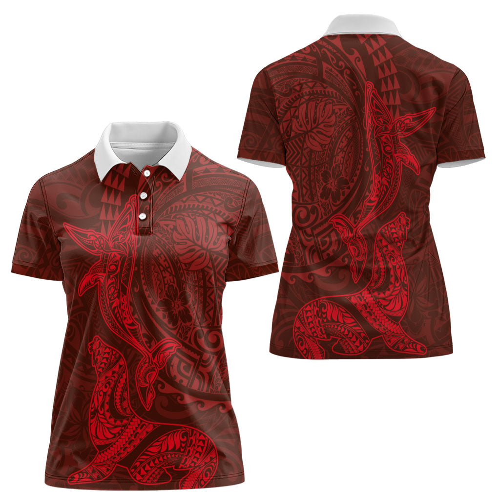 Hawaiian Monk Seal and Whale Women Polo Shirt Kakau Tribal Pattern Red Color LT03 - Polynesian Pride