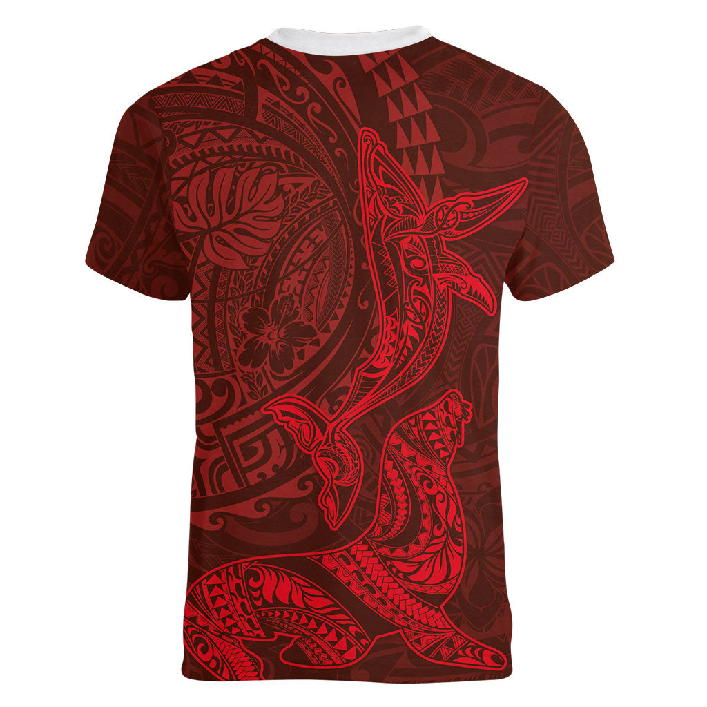 Hawaiian Monk Seal and Whale Women V-Neck T-Shirt Kakau Tribal Pattern Red Color LT03 - Polynesian Pride