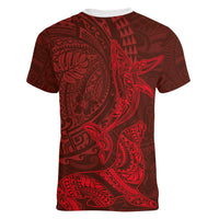 Hawaiian Monk Seal and Whale Women V-Neck T-Shirt Kakau Tribal Pattern Red Color LT03 - Polynesian Pride