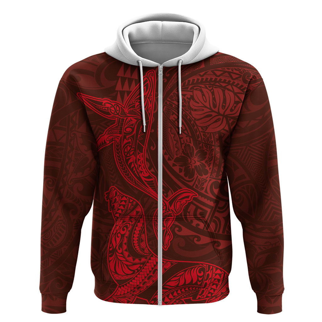 Hawaiian Monk Seal and Whale Zip Hoodie Kakau Tribal Pattern Red Color LT03 Zip Hoodie Red - Polynesian Pride