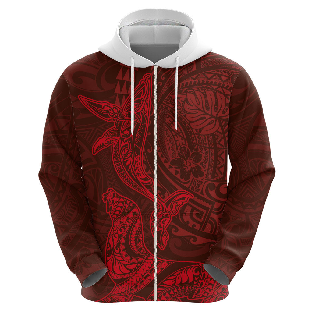 Hawaiian Monk Seal and Whale Zip Hoodie Kakau Tribal Pattern Red Color LT03 - Polynesian Pride