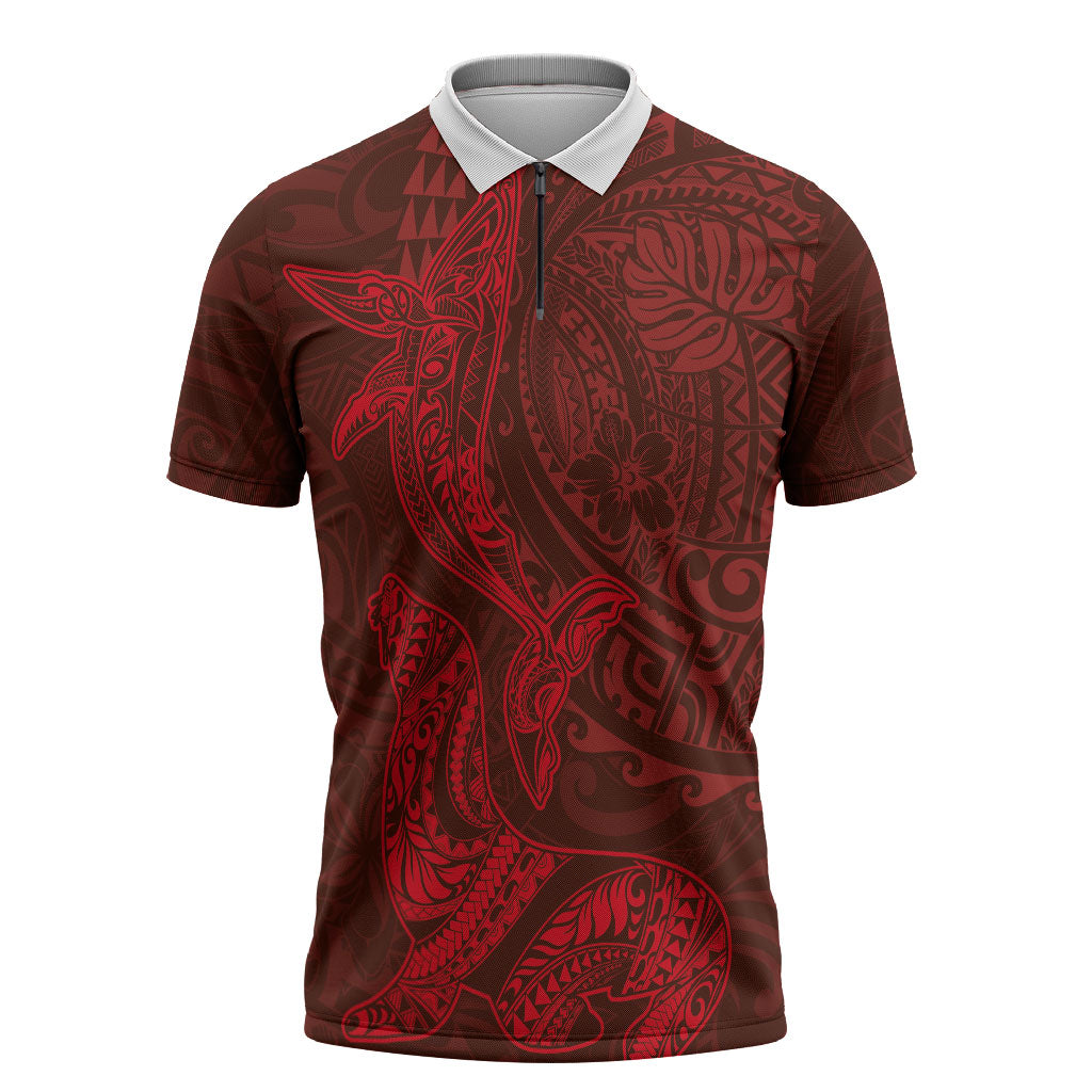 Hawaiian Monk Seal and Whale Zipper Polo Shirt Kakau Tribal Pattern Red Color LT03 Red - Polynesian Pride