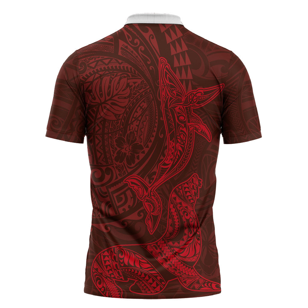 Hawaiian Monk Seal and Whale Zipper Polo Shirt Kakau Tribal Pattern Red Color LT03 - Polynesian Pride