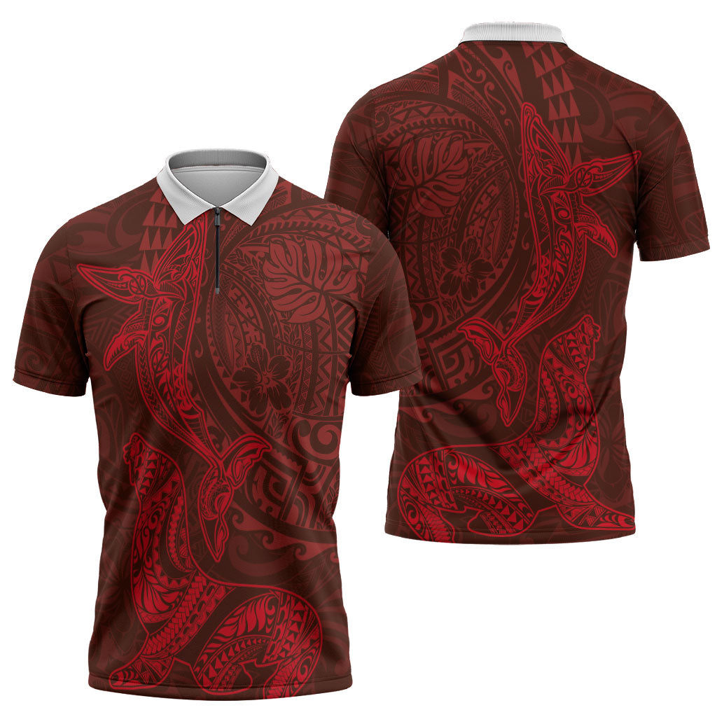 Hawaiian Monk Seal and Whale Zipper Polo Shirt Kakau Tribal Pattern Red Color LT03 - Polynesian Pride