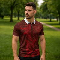 Hawaiian Monk Seal and Whale Zipper Polo Shirt Kakau Tribal Pattern Red Color LT03 - Polynesian Pride