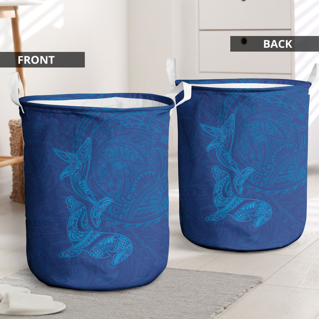 Hawaiian Monk Seal and Whale Laundry Basket Kakau Tribal Pattern Blue Color LT03 - Polynesian Pride