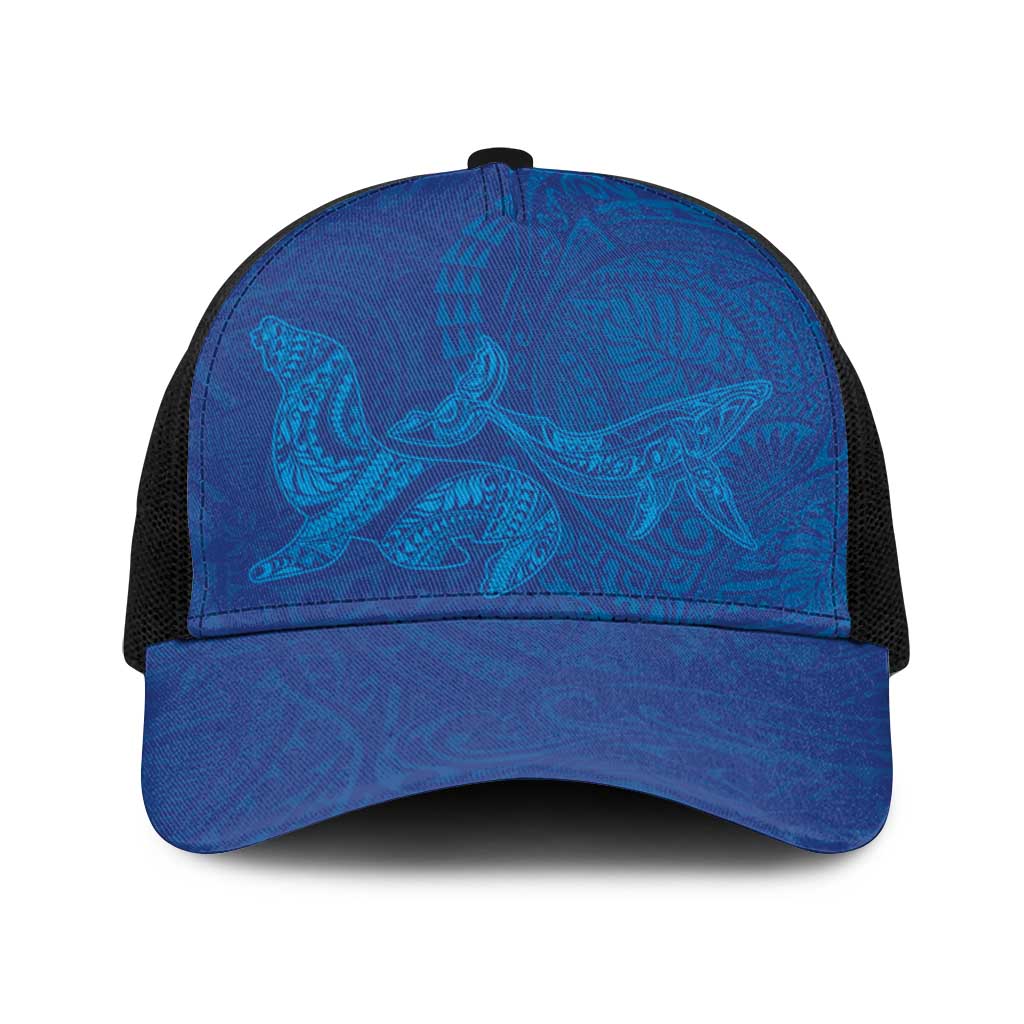 Hawaiian Monk Seal and Whale Baseball Net Cap Kakau Tribal Pattern Blue Color LT03 One Size Black Blue - Polynesian Pride