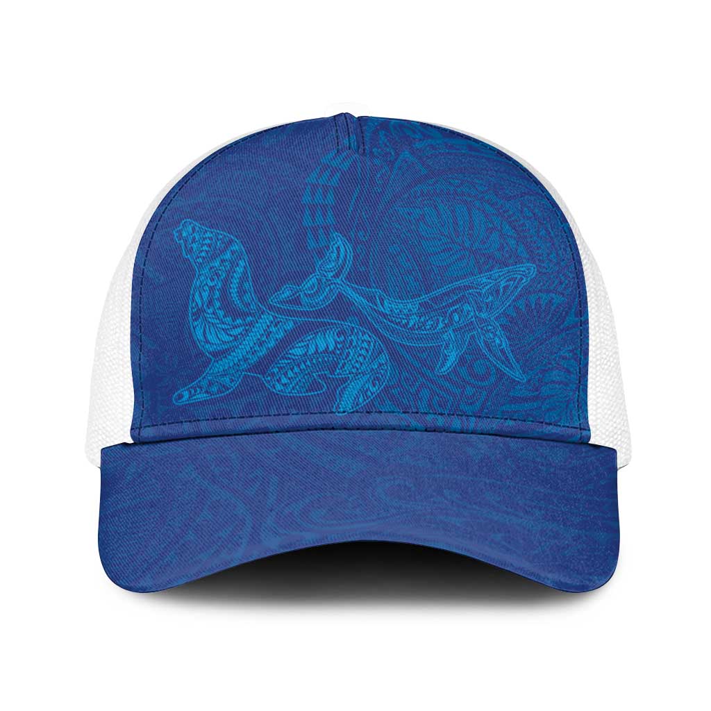 Hawaiian Monk Seal and Whale Baseball Net Cap Kakau Tribal Pattern Blue Color LT03 One Size White Blue - Polynesian Pride