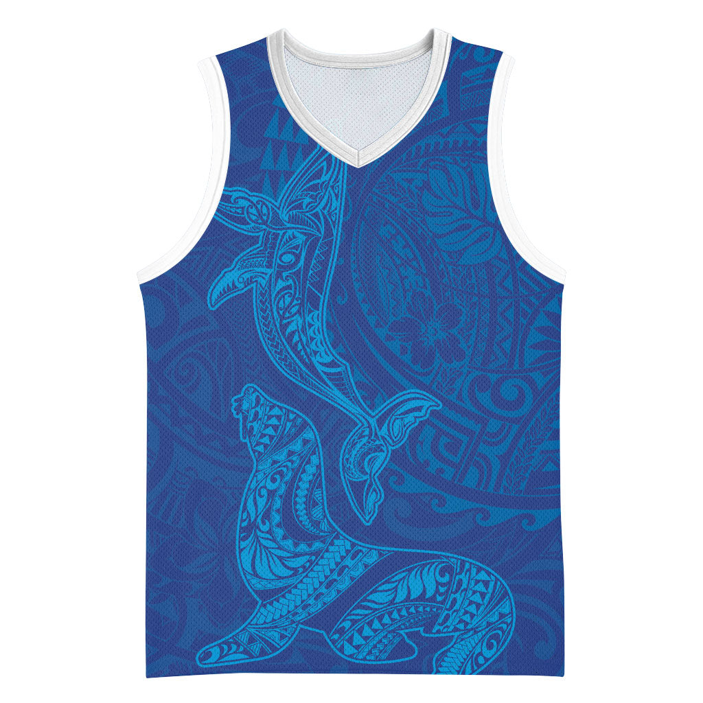 Hawaiian Monk Seal and Whale Basketball Jersey Kakau Tribal Pattern Blue Color LT03 Unisex Blue - Polynesian Pride