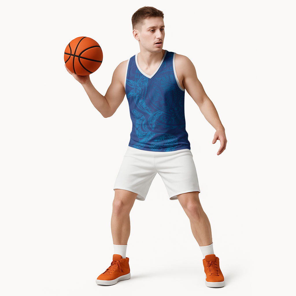 Hawaiian Monk Seal and Whale Basketball Jersey Kakau Tribal Pattern Blue Color LT03 - Polynesian Pride