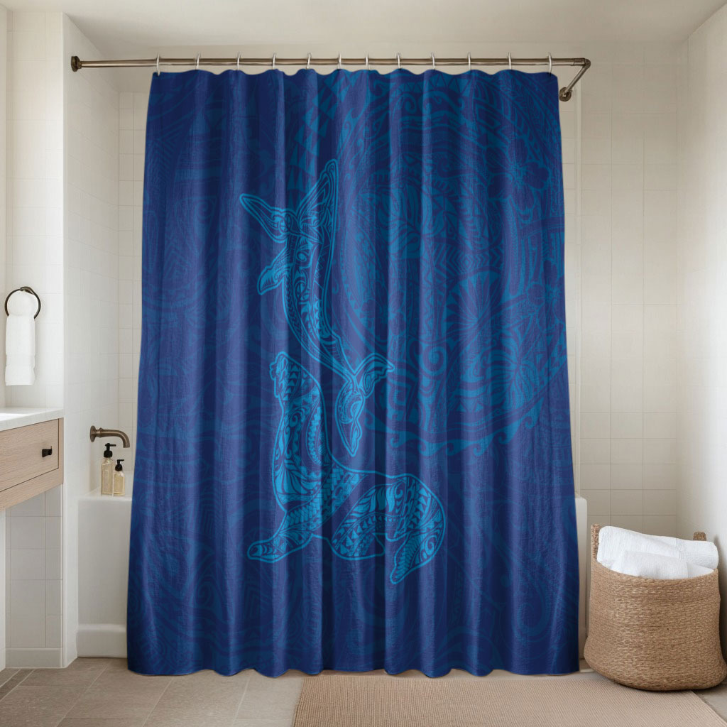 Hawaiian Monk Seal and Whale Bathroom Set Kakau Tribal Pattern Blue Color LT03 Shower Curtain Only Blue - Polynesian Pride