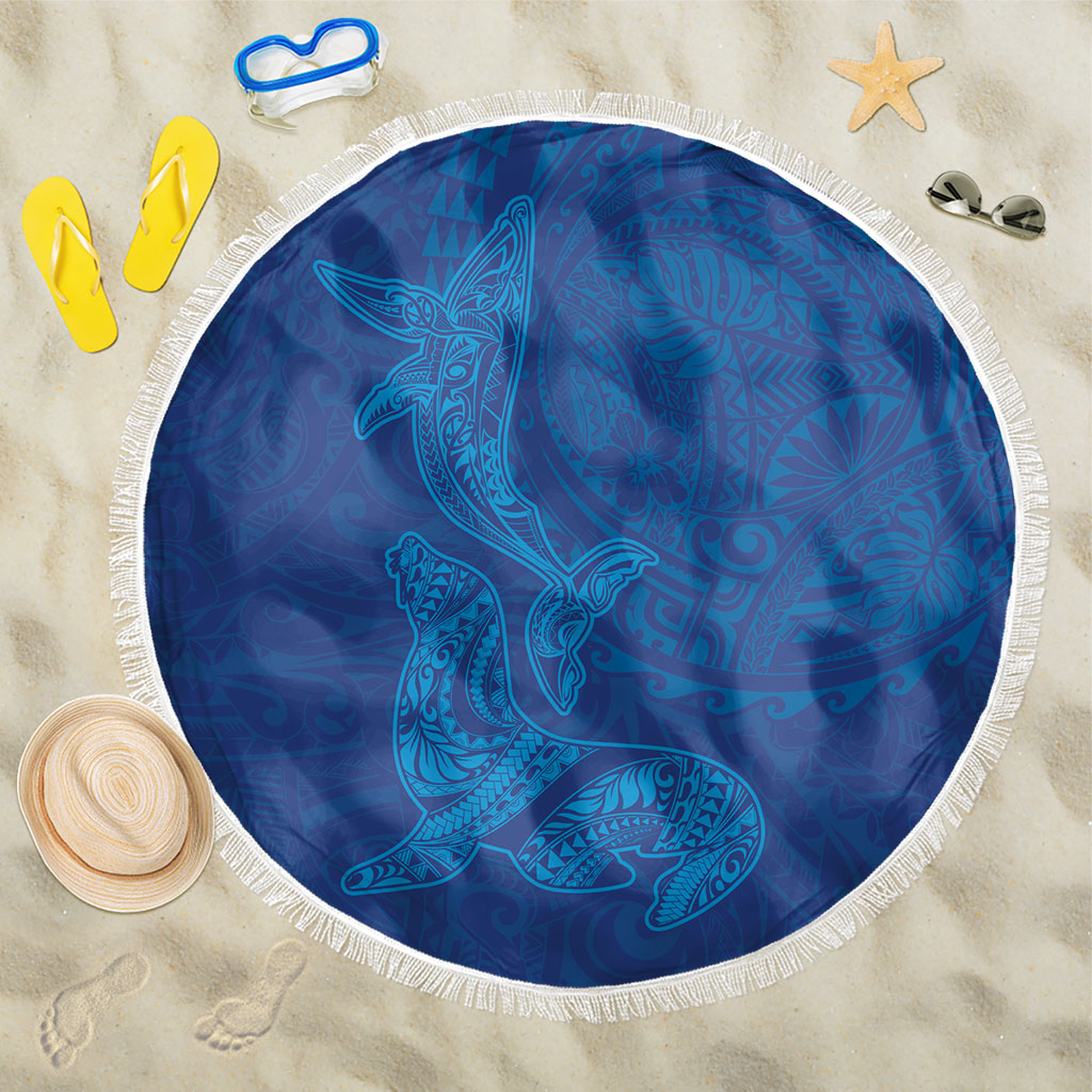 Hawaiian Monk Seal and Whale Beach Blanket Kakau Tribal Pattern Blue Color LT03 One Size 150cm Blue - Polynesian Pride