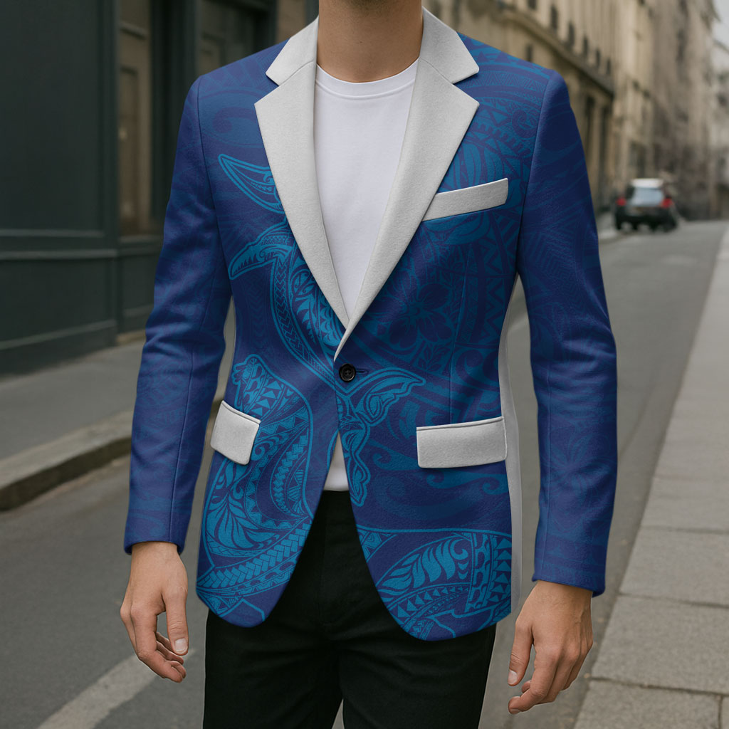 Hawaiian Monk Seal and Whale Blazer Kakau Tribal Pattern Blue Color LT03 - Polynesian Pride