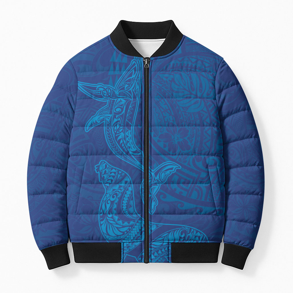 Hawaiian Monk Seal and Whale Bomber Puffer Jacket Kakau Tribal Pattern Blue Color LT03 Unisex Blue - Polynesian Pride