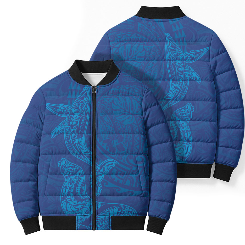 Hawaiian Monk Seal and Whale Bomber Puffer Jacket Kakau Tribal Pattern Blue Color LT03 - Polynesian Pride
