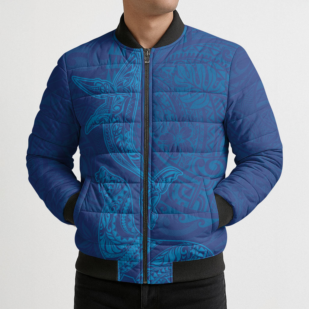Hawaiian Monk Seal and Whale Bomber Puffer Jacket Kakau Tribal Pattern Blue Color LT03 - Polynesian Pride