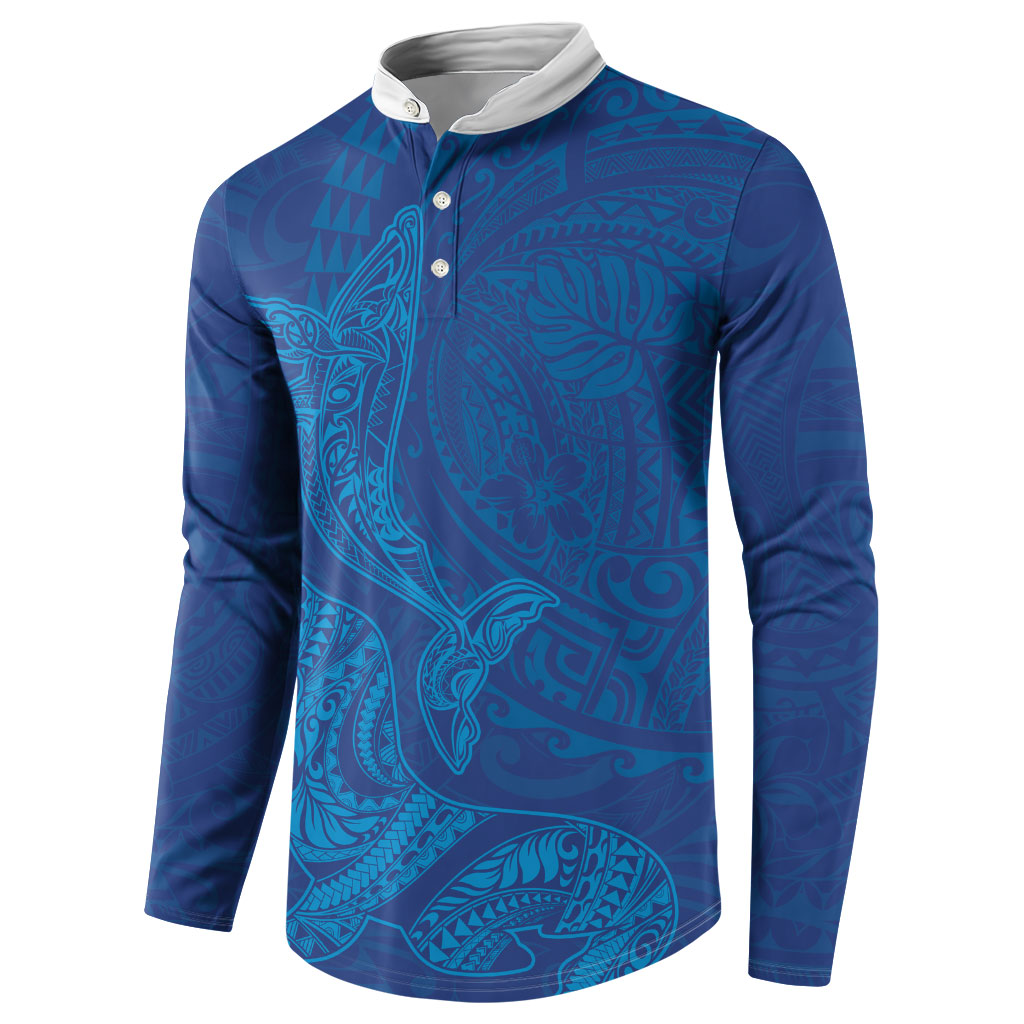 Hawaiian Monk Seal and Whale Button Sweatshirt Kakau Tribal Pattern Blue Color LT03 - Polynesian Pride